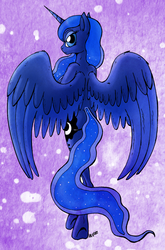 Size: 846x1280 | Tagged: safe, artist:theunearthlyone, princess luna, anthro, g4, ass, bipedal, butt, female, looking back, rear view, solo, spread wings