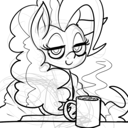 Size: 500x500 | Tagged: safe, artist:reiduran, pinkie pie, g4, bags under eyes, coffee, coffee mug, female, monochrome, sleepy, solo