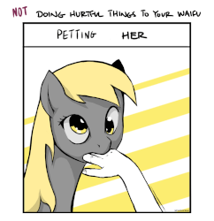 Size: 1258x1300 | Tagged: source needed, useless source url, safe, artist:steve, derpy hooves, oc, oc:anon, human, pegasus, pony, g4, animated, biting, blinking, doing loving things, ear flick, eye shimmer, female, hand, horses doing horse things, mare, meme, meme parody, nom, parody, petting, petting her, reality ensues, waifu