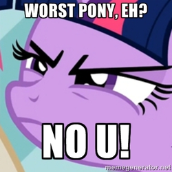 Size: 400x400 | Tagged: safe, twilight sparkle, pony, unicorn, g4, female, horn, image macro, meme, no u, reaction image, solo, worst pony