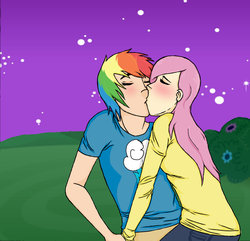 Size: 900x867 | Tagged: safe, artist:adwinffel, fluttershy, rainbow dash, human, g4, blushing, female, humanized, kiss on the lips, kissing, lesbian, night, ship:flutterdash, shipping