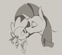 Size: 783x691 | Tagged: safe, artist:enma-darei, rarity, spike, dragon, pony, unicorn, g4, eyes closed, female, kissing, male, monochrome, nose kiss, rarity month, ship:sparity, shipping, size difference, straight