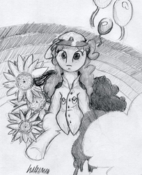 Size: 1223x1500 | Tagged: safe, artist:halfaman, pinkie pie, g4, abstract, balloon, cap, chamomile, clothes, cloud, female, flower, hat, looking at you, monochrome, paper, rainbow, shirt, solo, traditional art
