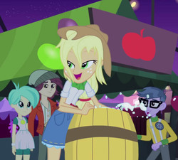 Size: 791x712 | Tagged: safe, screencap, applejack, micro chips, normal norman, tennis match, equestria girls, g4, my little pony equestria girls: rainbow rocks, perfect day for fun, animation error, apple bobbing, background human, lidded eyes, out of context, wet hair, wet mane