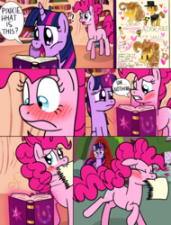 Size: 1024x1347 | Tagged: dead source, safe, artist:jollyjoltik, cheese sandwich, pinkie pie, twilight sparkle, alicorn, earth pony, pony, g4, blushing, book, caught, comic, crush, cute, diapinkes, diary, drawing, embarrassed, female, friendship journal, golden oaks library, heartwarming in hindsight, male, mare, mouth hold, ship:cheesepie, shipping, straight, tearing, twilight sparkle (alicorn)