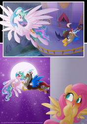 Size: 1000x1415 | Tagged: safe, artist:falleninthedark, artist:stepandy, discord, fluttershy, princess celestia, alicorn, draconequus, pegasus, pony, comic:notte insonne, g4, bedroom eyes, blushing, collaboration, cute, discute, eye contact, female, flying, hiding, lidded eyes, love, male, moon, night, open mouth, romance, romantic, seductive look, ship:dislestia, shipper on deck, shipping, shyabetes, smiling, spread wings, squee, straight