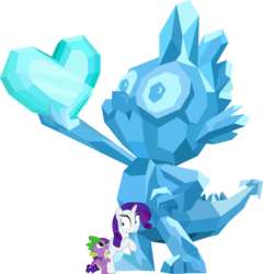 Size: 1600x1668 | Tagged: safe, artist:byteslice edits, edit, hundreds of users filter this tag, rarity, spike, g4, bipedal leaning, dilated pupils, female, frown, grin, male, pouting, sculpture, ship:sparity, shipping, show accurate, smiling, spike's statue, statue, straight, wide eyes