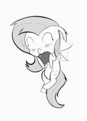 Size: 323x451 | Tagged: safe, artist:krucification, fluttershy, pony, g4, animated, apple, blushing, cute, eyes closed, fangs, female, flapping, floppy ears, flutterbat, flying, hoof hold, monochrome, smiling, solo, that pony sure does love apples