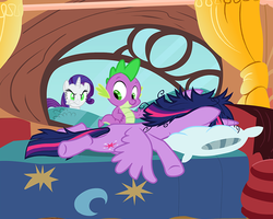 Size: 1146x918 | Tagged: safe, edit, edited screencap, hundreds of users filter this tag, screencap, rarity, spike, twilight sparkle, alicorn, pony, g4, angry, bed, female, glare, gritted teeth, jealous, mare, messy mane, observer, prone, smiling, spread wings, this will end in death, this will end in tears, twilight sparkle (alicorn), wide eyes