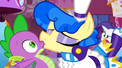 Size: 1280x717 | Tagged: safe, edit, edited screencap, hundreds of users filter this tag, screencap, rarity, sapphire shores, spike, g4, female, kiss on the lips, kissing, male, shipping, spikephire, straight