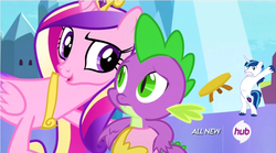 Size: 1000x554 | Tagged: safe, edit, edited screencap, hundreds of users filter this tag, screencap, vector edit, princess cadance, shining armor, spike, alicorn, dragon, pony, unicorn, g4, age difference, female, horn, hub logo, infidelity, male, pseudoincest, semi-incest, ship:spikedance, shipping, straight, table flip, trio