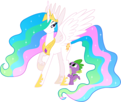 Size: 1166x986 | Tagged: safe, artist:santafer, princess celestia, spike, alicorn, dragon, pony, bedroom eyes, dilated pupils, eyes on the prize, female, grin, hug, looking up, male, mare, raised hoof, shipping, show accurate, simple background, size difference, smiling, spikelestia, spread wings, straight, transparent background