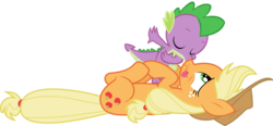 Size: 1600x744 | Tagged: safe, artist:sakatagintoki117, edit, hundreds of users filter this tag, vector edit, applejack, spike, dragon, earth pony, pony, g4, :p, boop, bowing, eyes closed, female, freckles, interspecies, kissing, lying down, male, mare, noseboop, on back, ship:applespike, shipping, show accurate, simple background, straight, tongue out, transparent background, vector, wavy mouth