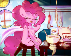 Size: 2049x1605 | Tagged: safe, artist:carligercarl, pinkie pie, earth pony, pony, g4, apron, baking, bowl, cape, chubby, clock, clothes, cute, diapinkes, eyes closed, female, flour, kitchen, mare, milk, mixing bowl, solo, spatula, stool, tongue out, window