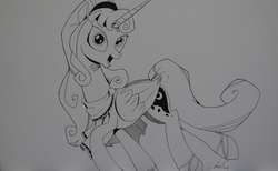 Size: 1280x788 | Tagged: safe, artist:cs, idw, princess luna, alicorn, pony, lunadoodle, g4, reflections, spoiler:comic, alternate hairstyle, artemis luna, clothes, female, looking at you, mare, mirror universe, monochrome, open mouth, solo, traditional art