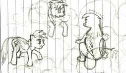 Size: 1506x866 | Tagged: safe, artist:ponescribbles, cloudchaser, gilda, rainbow dash, griffon, g4, chickub, cloud, cloudy, filly, lined paper, monochrome, raised leg, traditional art, younger