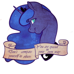 Size: 1000x1000 | Tagged: safe, artist:dojorkan, artist:srahitai, princess luna, g4, fangs, female, looking at you, motivational, mouthpiece, old banner, positive ponies, solo