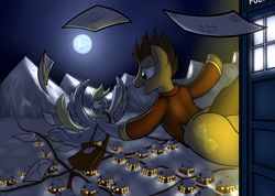 Size: 4500x3200 | Tagged: safe, artist:badgerben, derpy hooves, doctor whooves, time turner, earth pony, pegasus, pony, absurd resolution, christmas, doctor who, female, full moon, mail, mailbag, male, mare, moon, night, plot, snow, stallion, tardis, the doctor