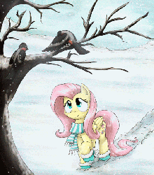 Size: 506x573 | Tagged: safe, artist:otakuap, edit, fluttershy, bird, pegasus, pony, g4, animal, animated, boots, clothes, female, mare, robin, scarf, smiling, snow, snowfall, solo, tree, winter