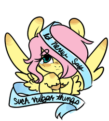 Size: 599x662 | Tagged: safe, artist:techno, fluttershy, g4, crying, eyebrows, female, frown, looking at you, old banner, ribbon, solo, spread wings, unshorn fetlocks