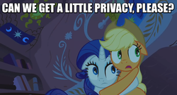 Size: 845x455 | Tagged: safe, edit, edited screencap, screencap, applejack, rarity, earth pony, pony, unicorn, g4, look before you sleep, female, golden oaks library, image macro, lesbian, mare, meme, ship:rarijack, shipping, text