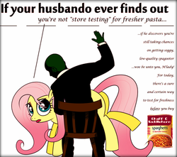 Size: 500x442 | Tagged: safe, artist:catfood-mcfly, fluttershy, oc, oc:anon, pegasus, pony, g4, advertisement, butt, female, food, husbando, mare, over the knee, parody, pasta, plot, punishment, spaghetti, spanking