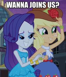 Size: 615x726 | Tagged: safe, edit, edited screencap, screencap, applejack, rarity, equestria girls, g4, bedroom eyes, caption, female, image macro, meme