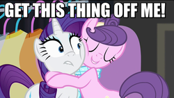 Size: 832x468 | Tagged: safe, screencap, rarity, suri polomare, g4, rarity takes manehattan, female, hug, image macro, meme