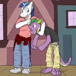 Size: 1280x1280 | Tagged: safe, artist:fuzebox, shining armor, spike, anthro, plantigrade anthro, g4, annoyed, annoying older brother, briefs, clothes, male, noogie, ship:spikemor, sorta spikelove, spikelove, train station, underwear