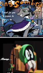 Size: 611x1024 | Tagged: safe, idw, official comic, king sombra, g4, spoiler:comic, spoiler:comic18, spoiler:comic19, crossover, good king sombra, k9, looney tunes, marvin the martian, meme, parody, shiny teeth, the looney tunes show