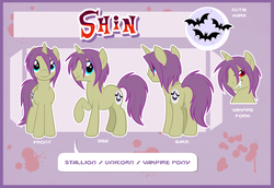 Size: 2692x1857 | Tagged: safe, artist:centchi, oc, oc only, oc:shin, pony, unicorn, vampony, reference sheet, solo