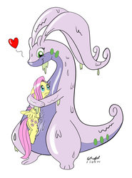 Size: 900x1218 | Tagged: safe, artist:cartoon-eric, fluttershy, goodra, pony, g4, crossover, duo, hug, pokémon, slime