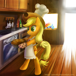 Size: 3543x3543 | Tagged: safe, artist:seer45, applejack, rainbow dash, pony, g4, apron, baking, bipedal, clothes, high res, hoof hold, kitchen, oven, oven mitts, peeking, pie, smiling, soon, watching, window