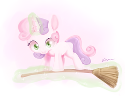 Size: 2000x1500 | Tagged: safe, artist:sion, sweetie belle, g4, balancing, broom, female, flying, flying broomstick, levitation, looking at you, magic, riding, solo, sweetie belle's magic brings a great big smile, telekinesis