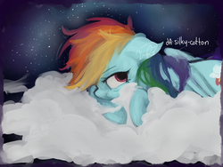 Size: 1610x1210 | Tagged: safe, artist:silky-cotton, rainbow dash, g4, cloud, cloudy, female, solo