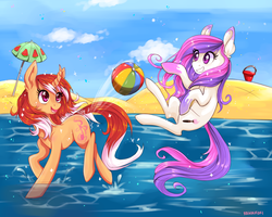 Size: 1250x1000 | Tagged: safe, artist:renaifoxi, oc, oc only, ball, beach, beach ball, ocean