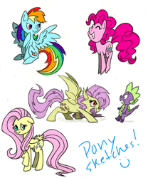 Size: 904x1086 | Tagged: safe, artist:drey15, fluttershy, pinkie pie, rainbow dash, spike, bat pony, pony, bats!, g4, my little pony: friendship is magic, eyes closed, flutterbat, race swap, sketch dump