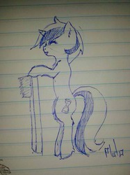 Size: 500x667 | Tagged: safe, artist:pluto manson, minuette, pony, unicorn, g4, doodle, female, lined paper, monochrome, solo, toothbrush, traditional art