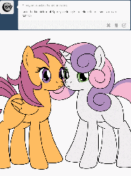 Size: 600x800 | Tagged: safe, artist:dekomaru, scootaloo, sweetie belle, pegasus, pony, unicorn, tumblr:ask twixie, g4, :<, animated, ask, blank flank, cute, cutealoo, diasweetes, female, fluffle puffing, frown, gif, lesbian, licking, looking at you, mare, meme, mlem, older, poni licking poni, ship:scootabelle, shipping, silly, simple background, text, tongue out, tumblr, white background