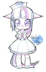 Size: 490x773 | Tagged: safe, artist:mococo, twilight sparkle, anthro, g4, clothes, dress, female, hat, schoolgirl, shoes, socks, solo