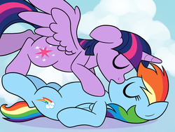 Size: 2000x1500 | Tagged: safe, artist:drawponies, artist:stellarsynthesis, rainbow dash, twilight sparkle, alicorn, pegasus, pony, g4, collaboration, couple, duo, duo female, eyes closed, female, kiss on the lips, kissing, lesbian, mare, on back, ship:twidash, shipping, twilight sparkle (alicorn)