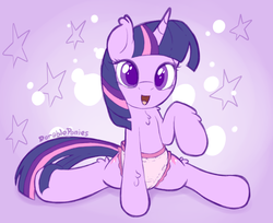 Size: 1104x900 | Tagged: safe, artist:dorableponies, twilight sparkle, pony, unicorn, g4, abstract background, colored pupils, diaper, female, horn, mare, non-baby in diaper, open mouth, simple background, solo, spread legs, spreading