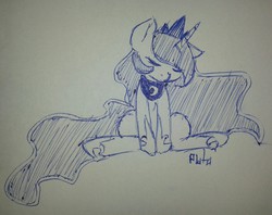 Size: 1280x1015 | Tagged: safe, artist:pluto manson, princess luna, g4, doodle, female, monochrome, sitting, solo, traditional art