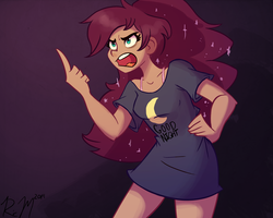 Size: 1500x1200 | Tagged: safe, artist:ric-m, princess luna, human, luna-afterdark, g4, angry, bottomless, clothes, female, glare, grumpy, humanized, messy mane, open mouth, pointing, shirt, solo