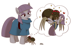 Size: 1013x648 | Tagged: safe, artist:うめぐる, fuzzy legs, maud pie, earth pony, pony, spider, g4, blushing, bridal carry, clothes, duo, female, floppy ears, head tilt, heart, hug, mare, pictogram, plewds, shivering, sparkles, sweat, thought bubble, wide eyes