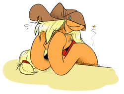 Size: 500x380 | Tagged: safe, artist:the-chibster, applejack, g4, facehoof, female, floppy ears, hubbyjack, leaning, messy mane, solo, sweat, tired