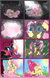 Size: 715x1118 | Tagged: safe, artist:madacon, fluttershy, pinkie pie, earth pony, pegasus, pony, g4, comic, crying, duo, duo female, female, hug, mare, sad, scared