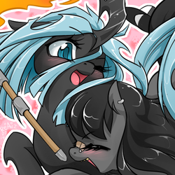 Size: 500x500 | Tagged: safe, artist:reavz, queen chrysalis, oc, oc:blazing saddles, changeling, changeling queen, nymph, pony, g4, bandaid, blushing, cute, cutealis, duo, duo female, earring, eyes closed, female, harmless-chryssii, ocbetes, one eye closed, open mouth, smiling, wink