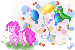 Size: 902x608 | Tagged: safe, artist:lydia-rawr, gummy, pinkie pie, g4, balloon, candy, cutie mark