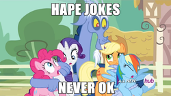 Size: 1280x720 | Tagged: safe, edit, edited screencap, screencap, applejack, discord, pinkie pie, rainbow dash, rarity, g4, three's a crowd, drama, hape, hape joke, hug, image macro, meme, mouthpiece, no fun allowed, parody, rape joke, social justice